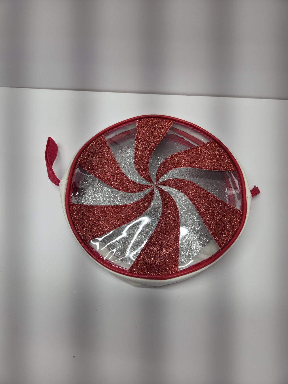 Glitter Peppermint Round Cosmetic Pouch - Red & Silver